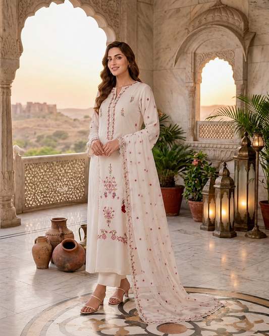 Premium White Floral Embroidered Pakistani Suit for Women with Matching Dupatta