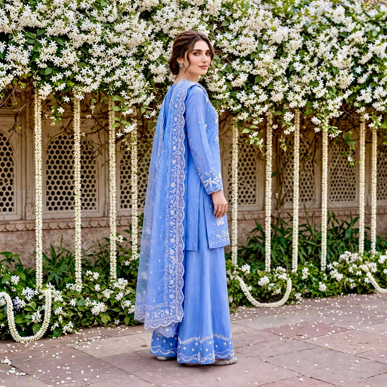 3 Piece Pastel Blue Embroidered Suite