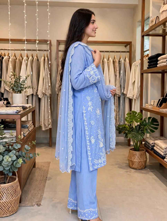 3 Piece Pastel Blue Embroidered Suit
