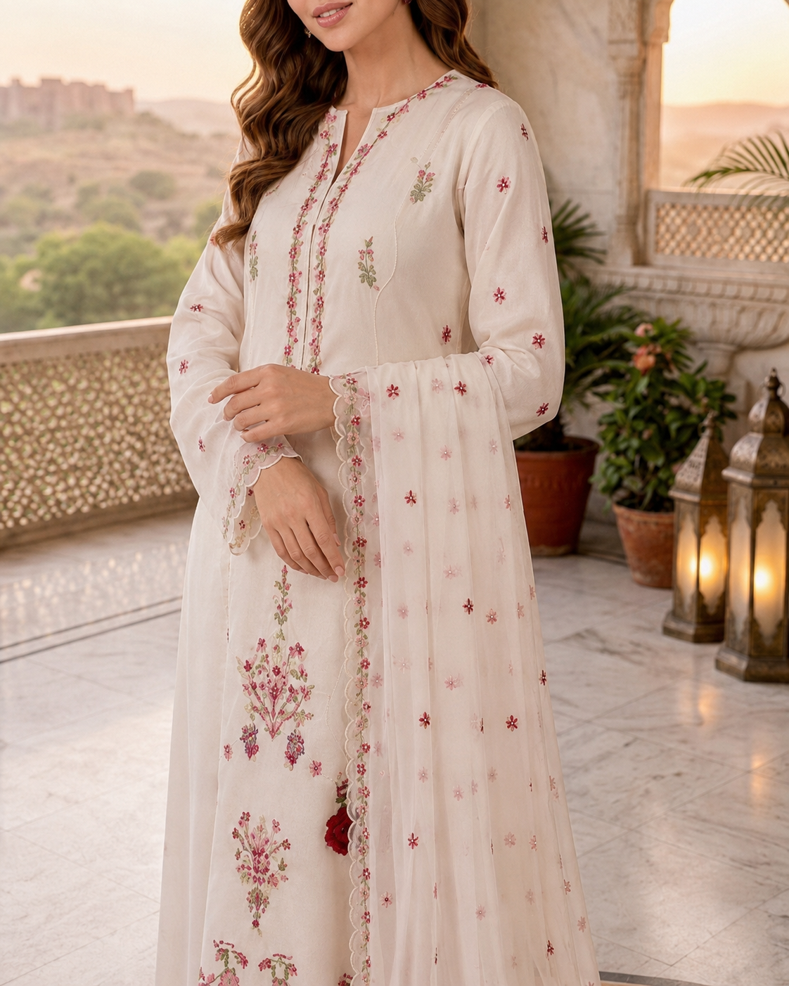 Premium White Floral Embroidered Pakistani Suit for Women with Matching Dupatta