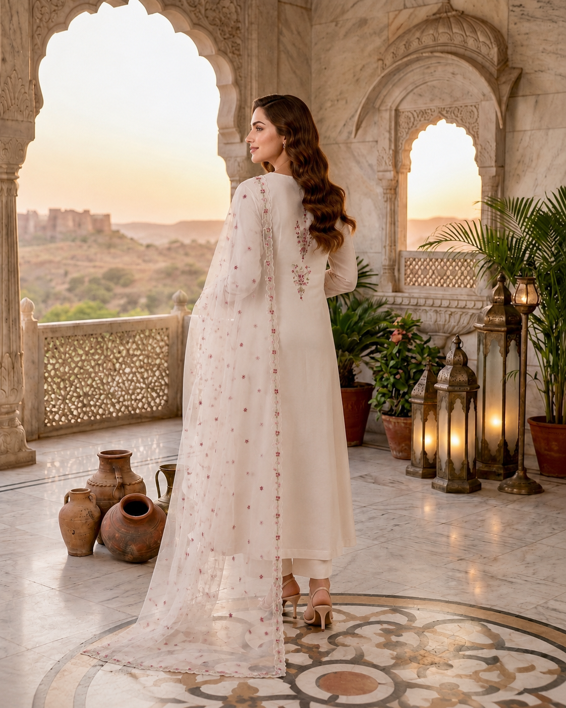 Premium White Floral Embroidered Pakistani Suit for Women with Matching Dupatta