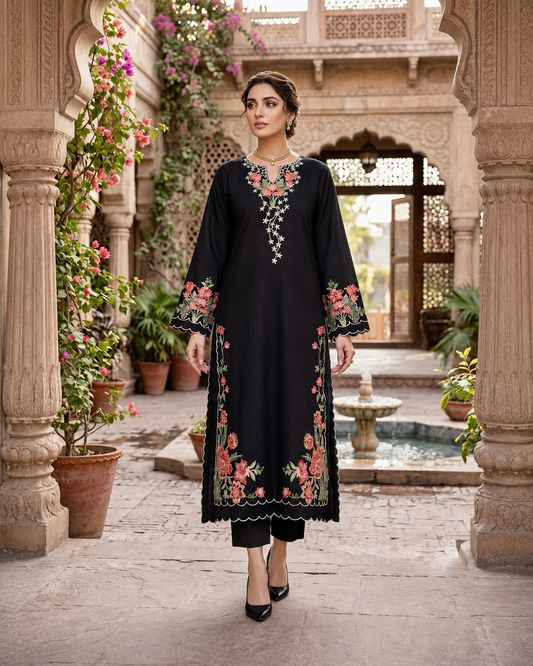 Elegant Black Floral Embroidered Long Kurta for Women – Ethnic Wear Outfit