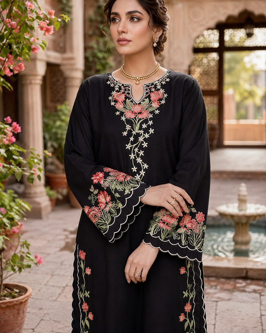Elegant Black Floral Embroidered Long Kurta for Women – Ethnic Wear Outfit