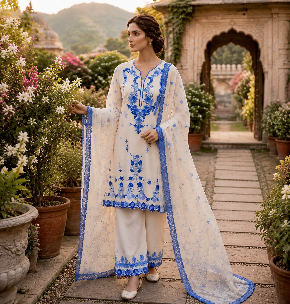 Women’s Ivory Blue Embroidered 3 Piece Pakistani Lawn Suit with Net Dupatta – Elegant Ethnic Wear for Women