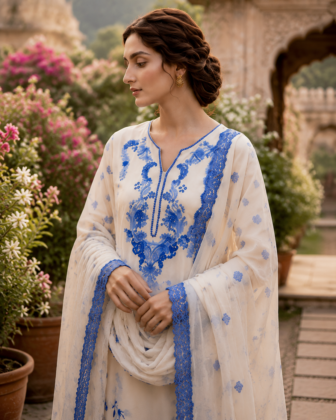 Women’s Ivory Blue Embroidered 3 Piece Pakistani Lawn Suit with Net Dupatta – Elegant Ethnic Wear for Women