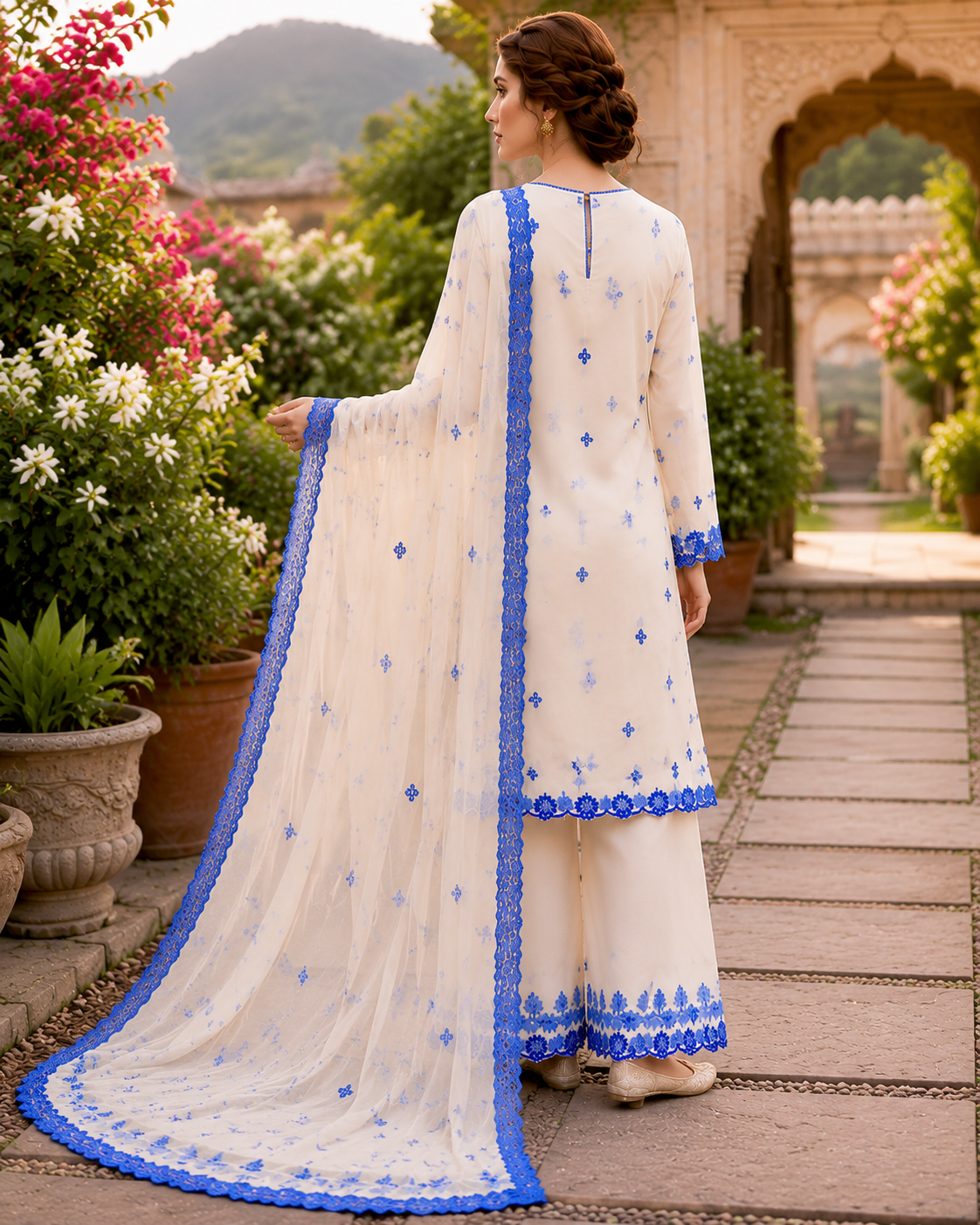 Women’s Ivory Blue Embroidered 3 Piece Pakistani Lawn Suit with Net Dupatta – Elegant Ethnic Wear for Women