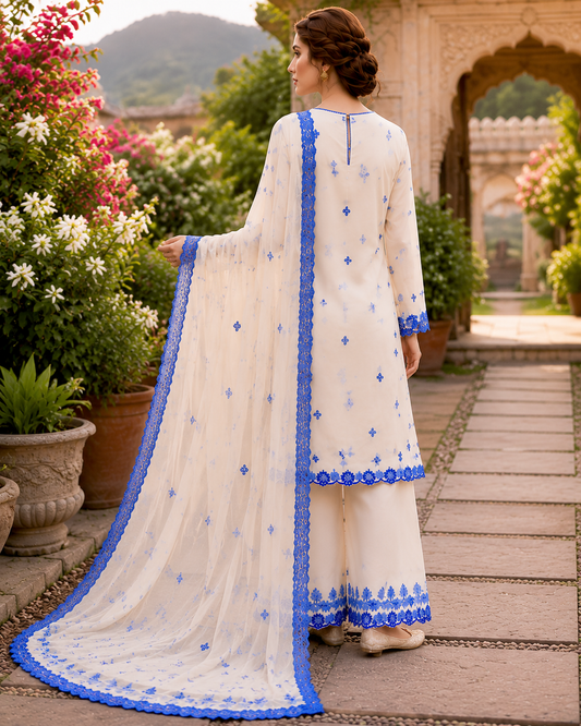 Women’s Ivory Blue Embroidered 3 Piece Pakistani Lawn Suit with Net Dupatta – Elegant Ethnic Wear for Women