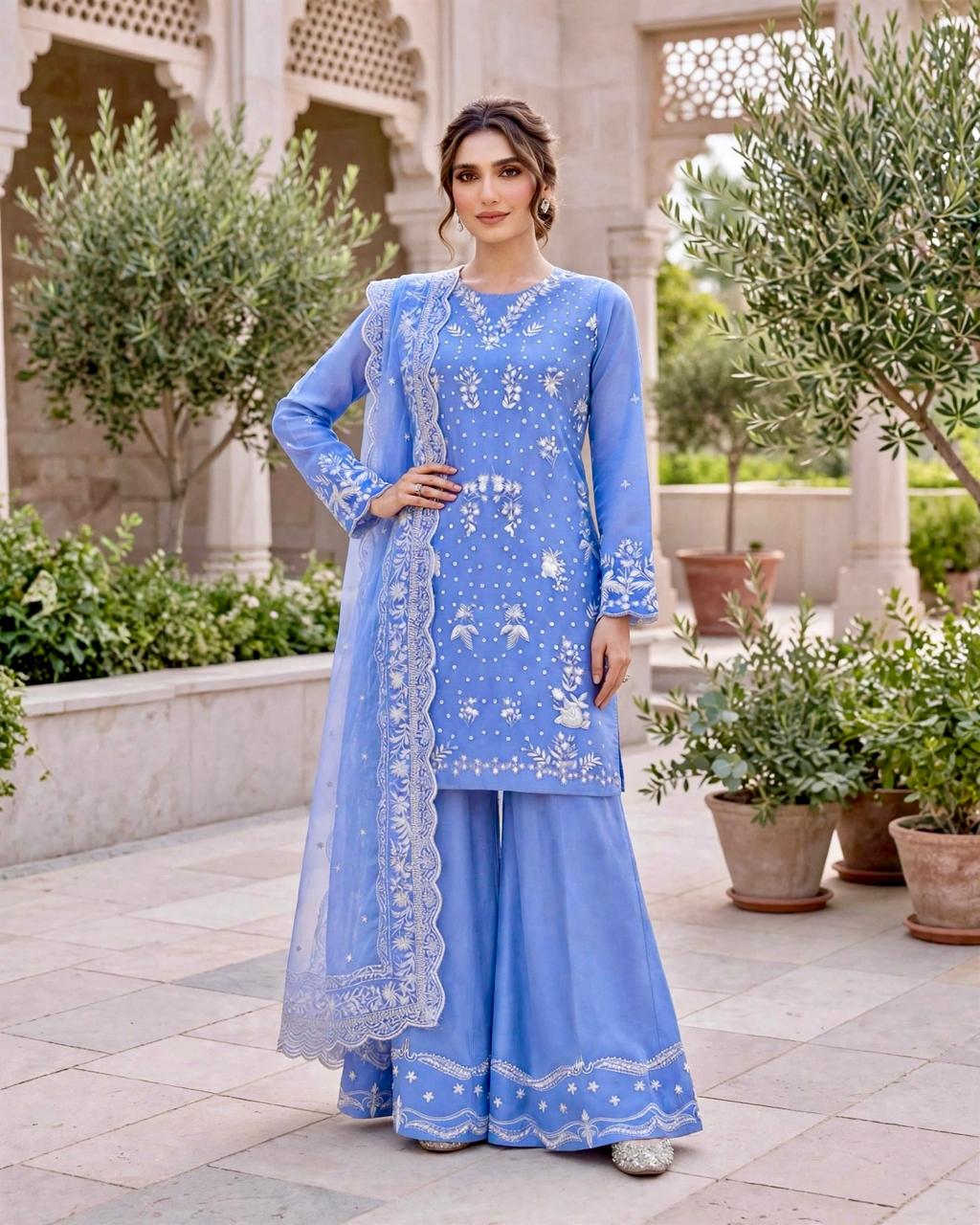 3 Piece Pastel Blue Embroidered Suite