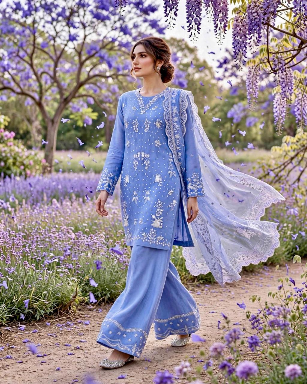 3 Piece Pastel Blue Embroidered Suite