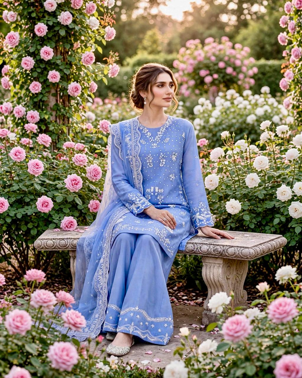 3 Piece Pastel Blue Embroidered Suite