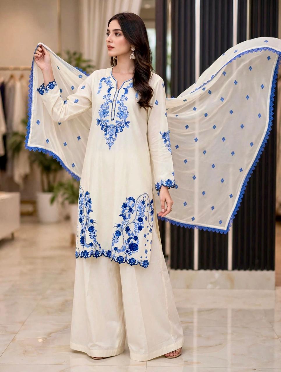 3 Piece Off White Embroidered Suit - FLORA QUEEN