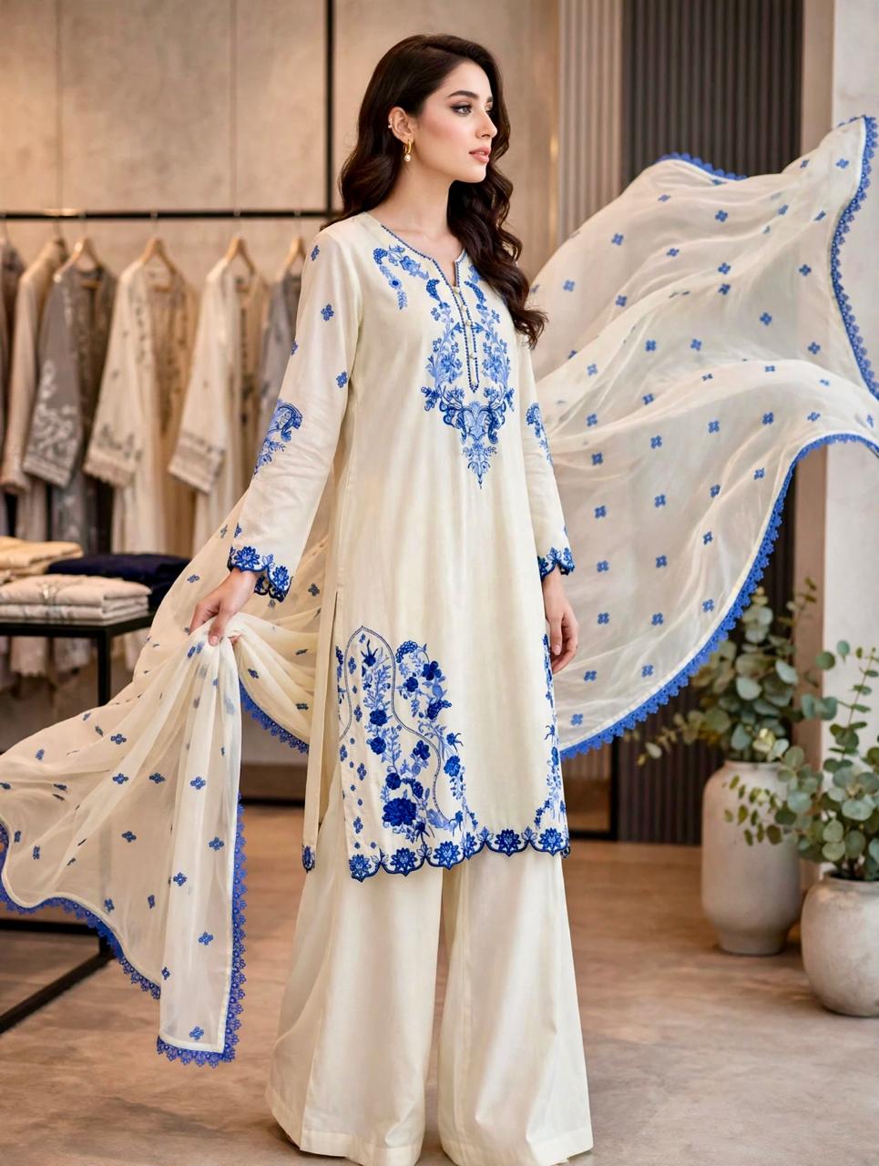 3 Piece Off White Embroidered Suit