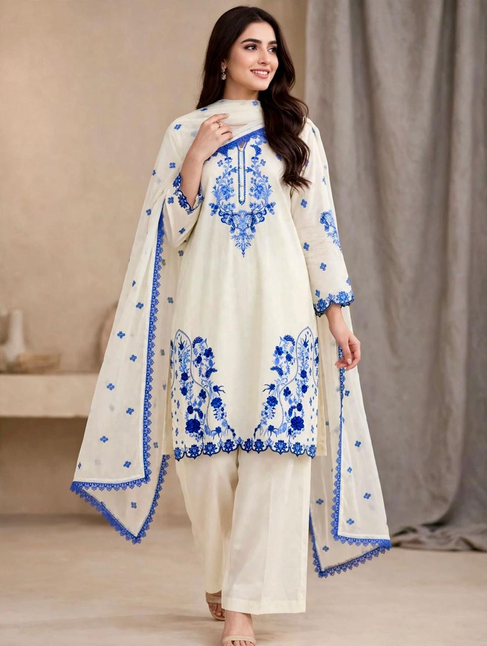 3 Piece Off White Embroidered Suit - FLORA QUEEN