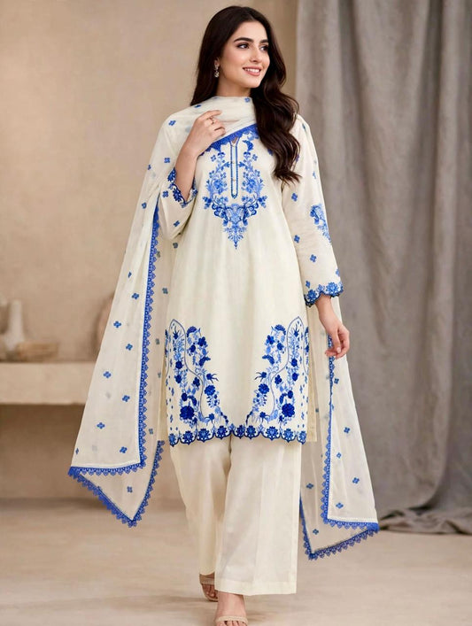 3 Piece Off White Embroidered Suit - FLORA QUEEN