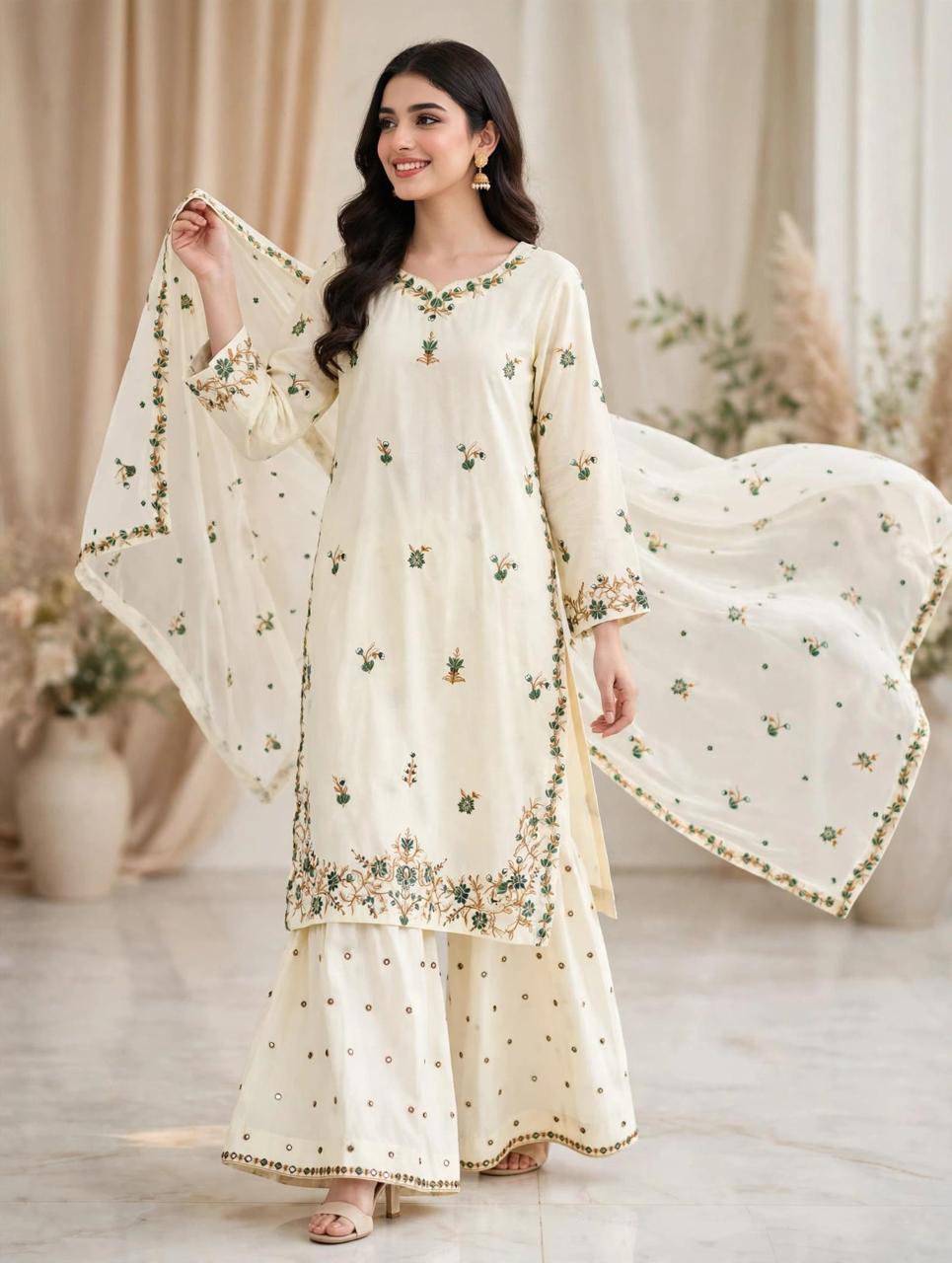 3 Piece Moonlight Embroidered Lawn Suit - FLORA QUEEN