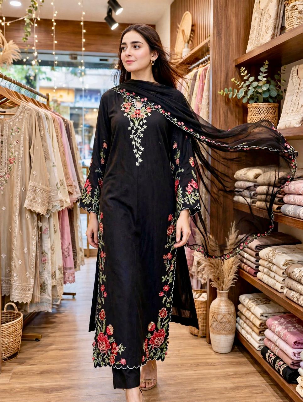 2 Piece Elegant Black Floral Embroidered Suit - FLORA QUEEN