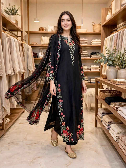 2 Piece Elegant Black Floral Embroidered Suit