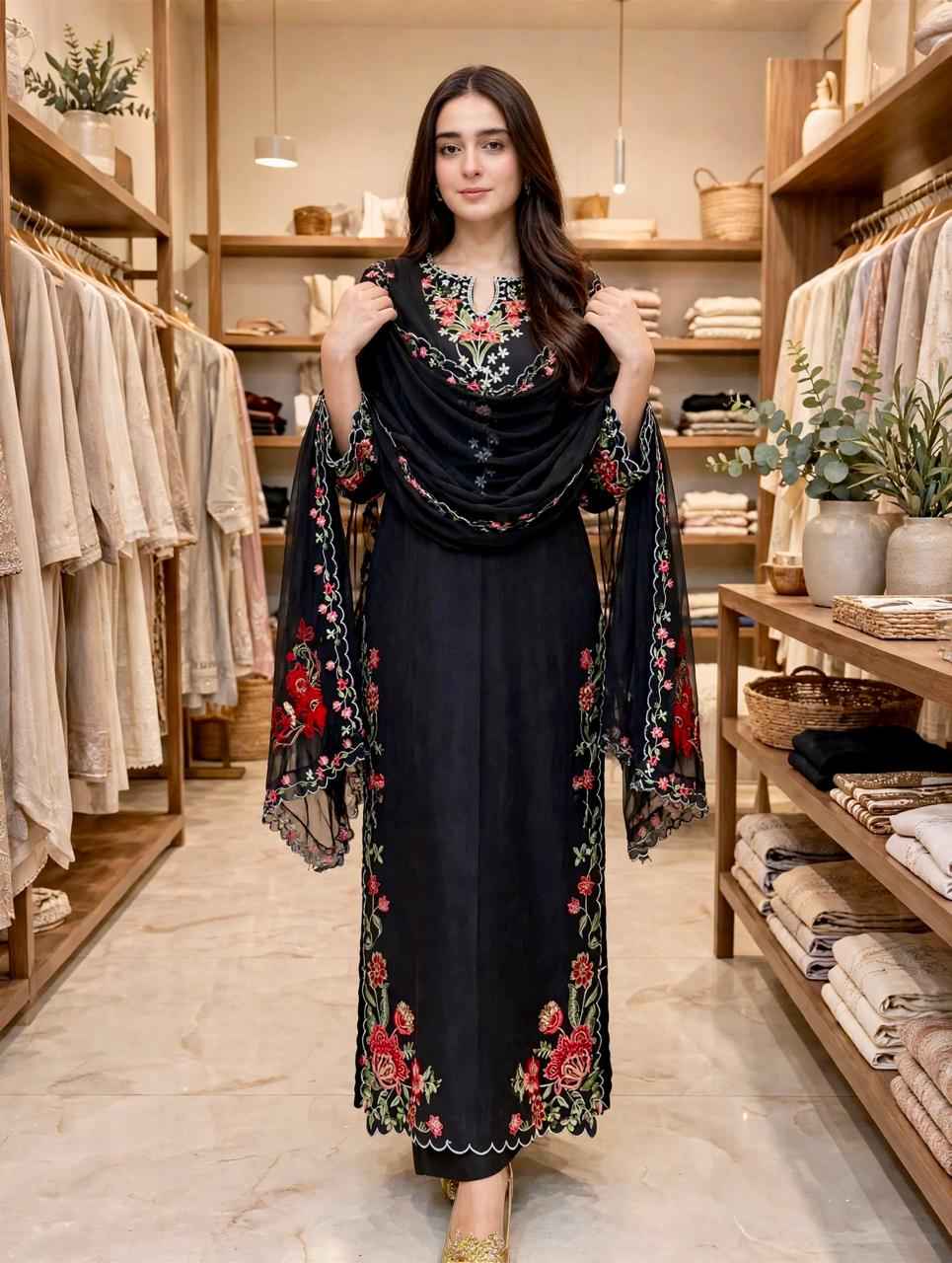 2 Piece Elegant Black Floral Embroidered Suit