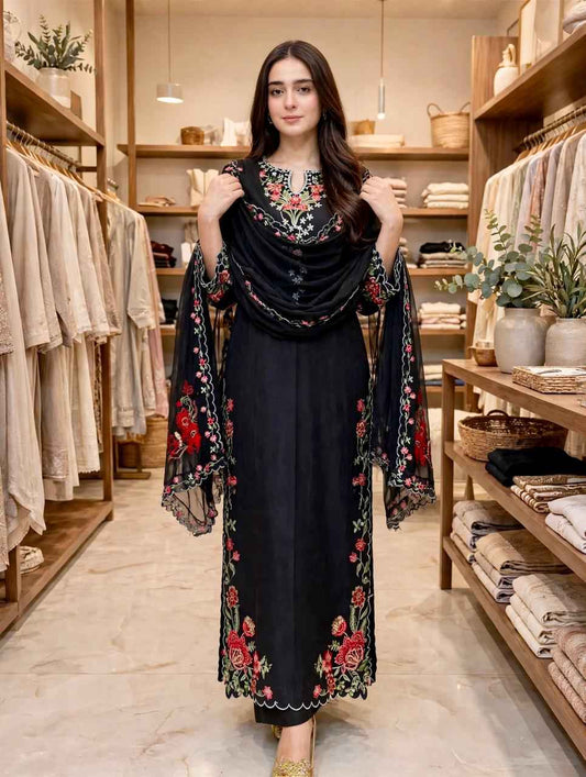 2 Piece Elegant Black Floral Embroidered Suit