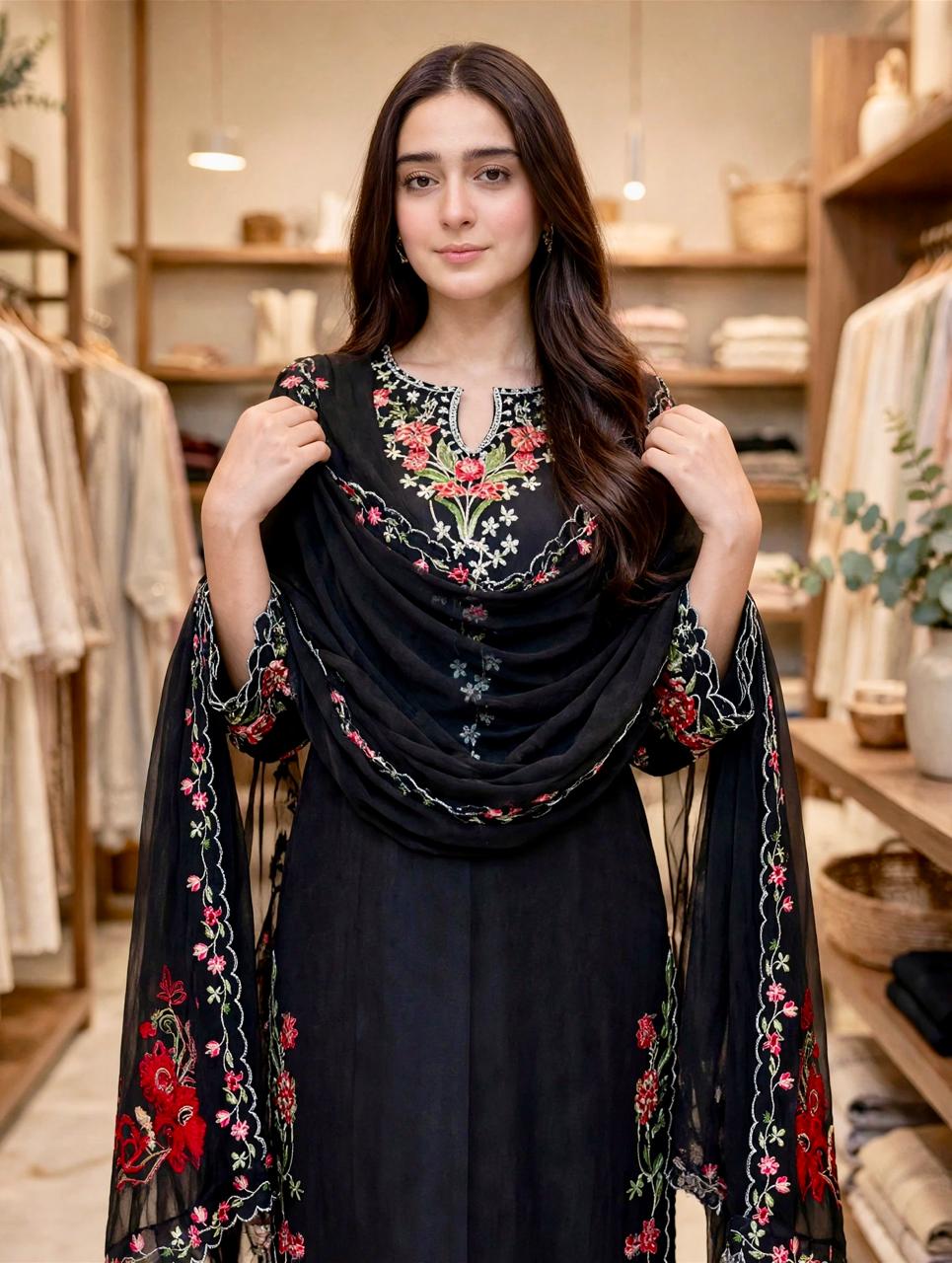 2 Piece Elegant Black Floral Embroidered Suit