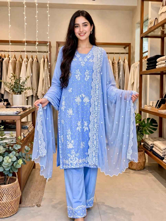 3 Piece Pastel Blue Embroidered Suit