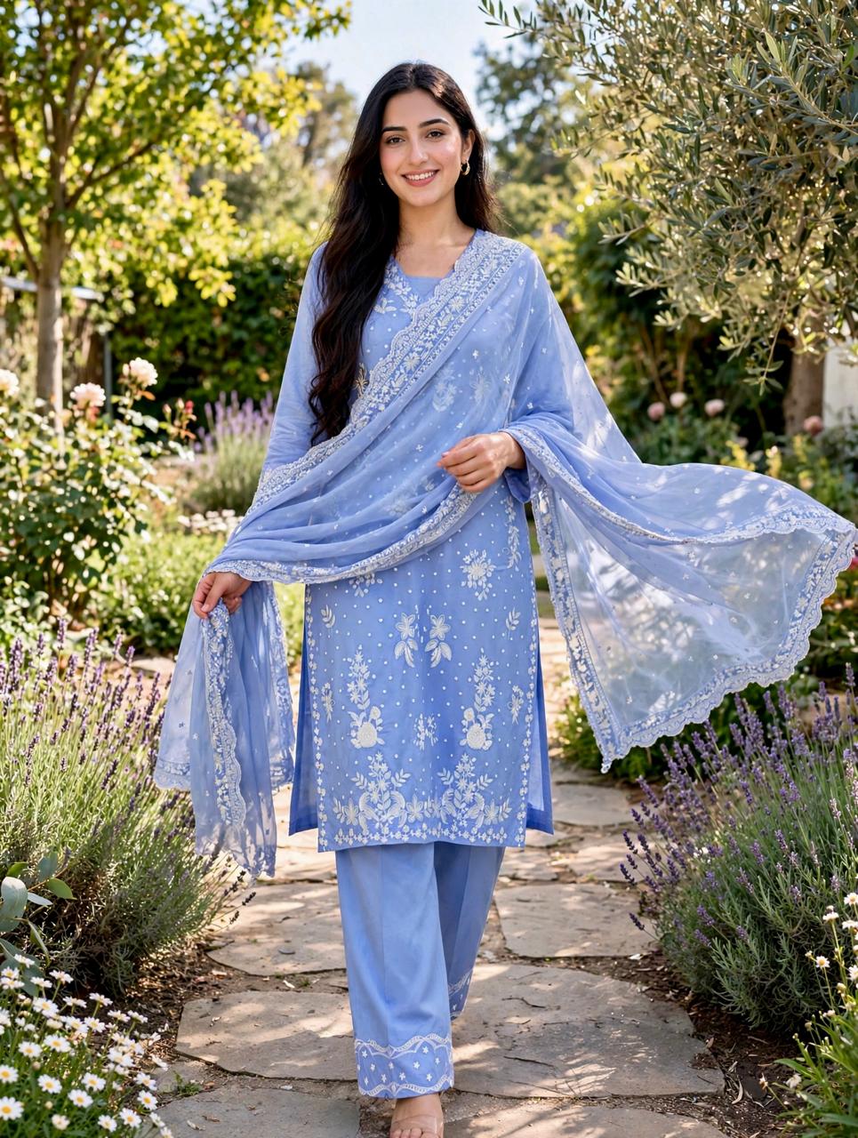 3 Piece Pastel Blue Embroidered Suit - FLORA QUEEN