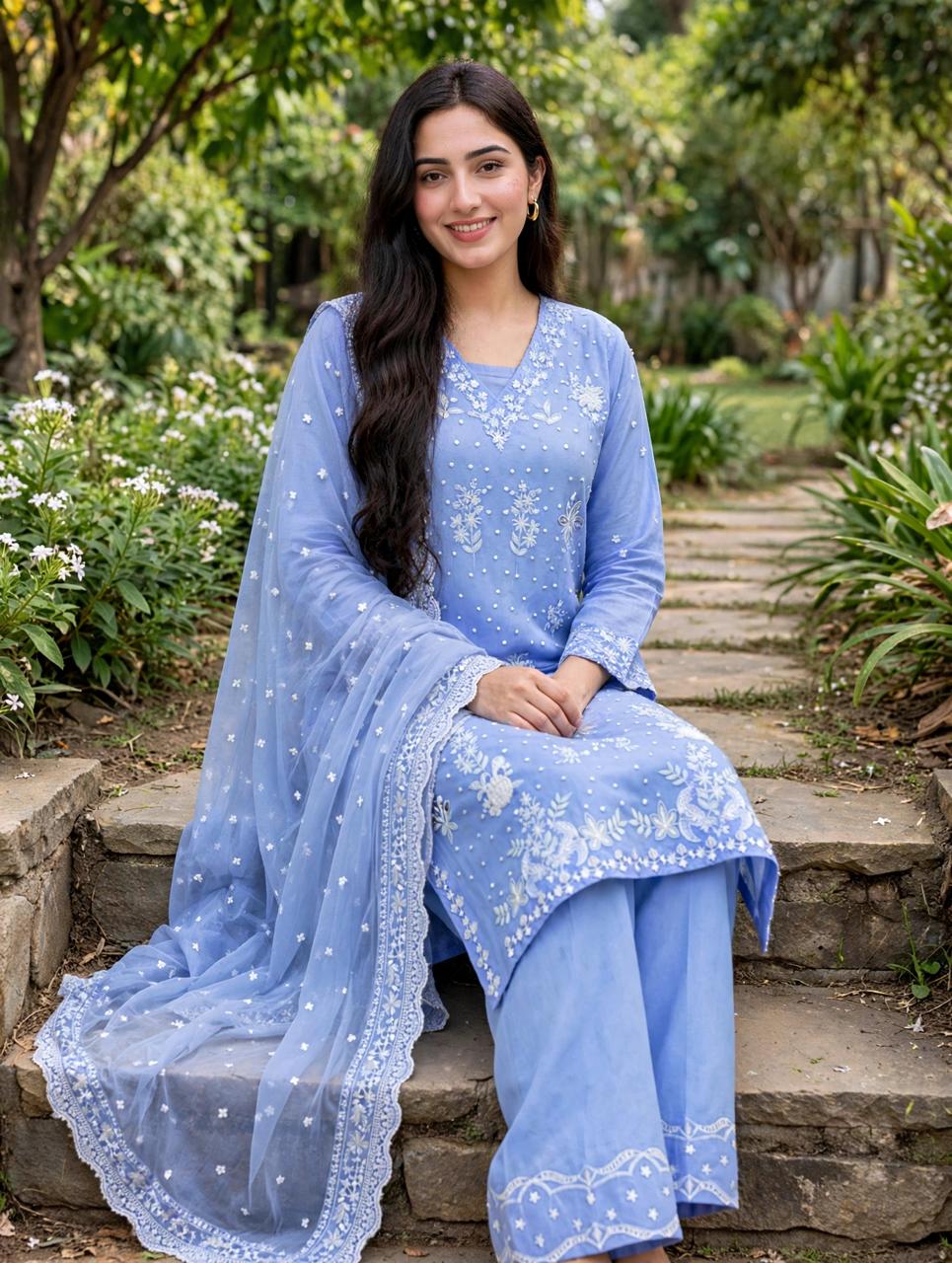 3 Piece Pastel Blue Embroidered Suit - FLORA QUEEN