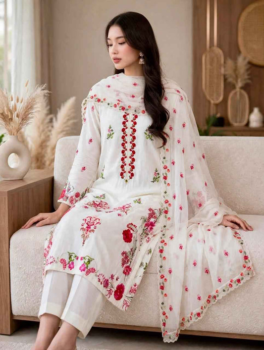 3 Piece White Embroidered  Suit