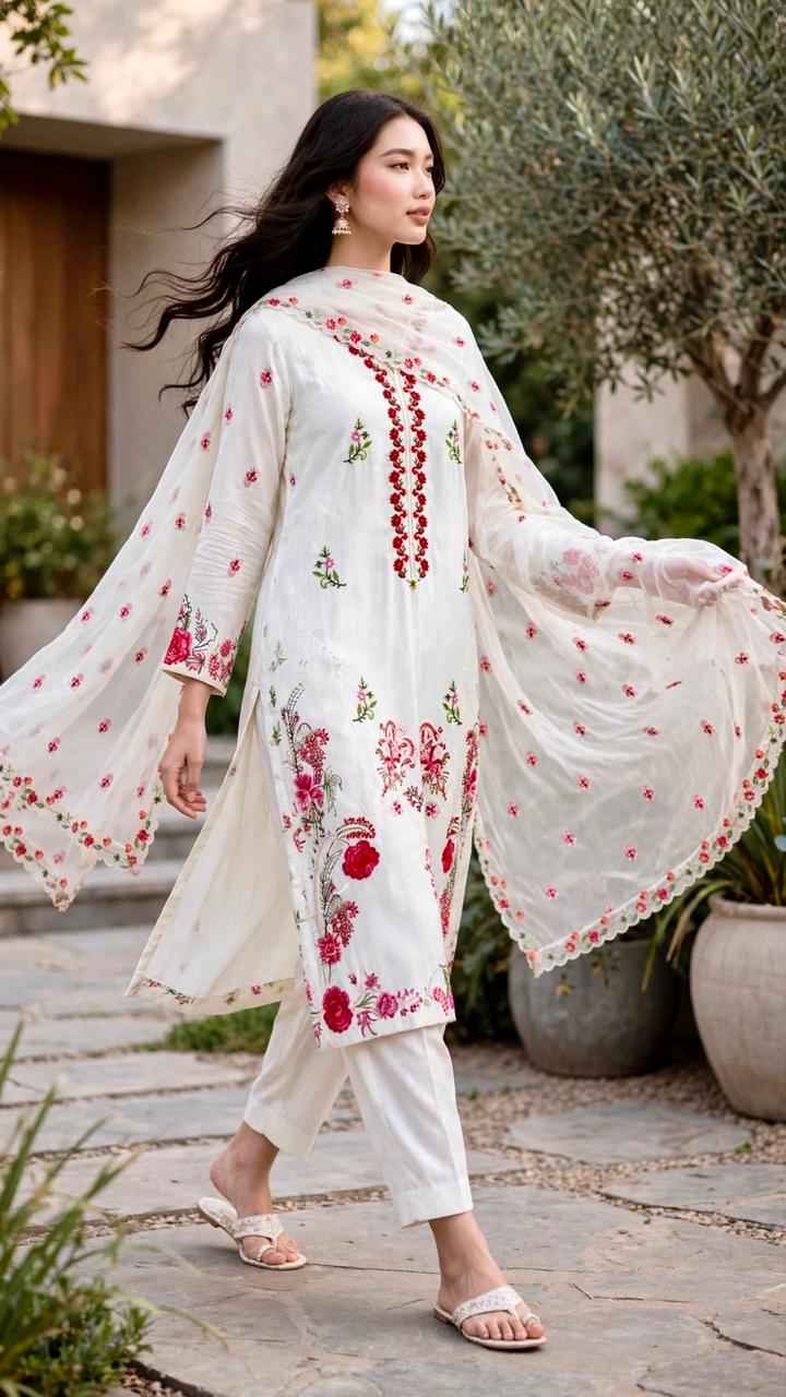 3 Piece White Embroidered  Suit