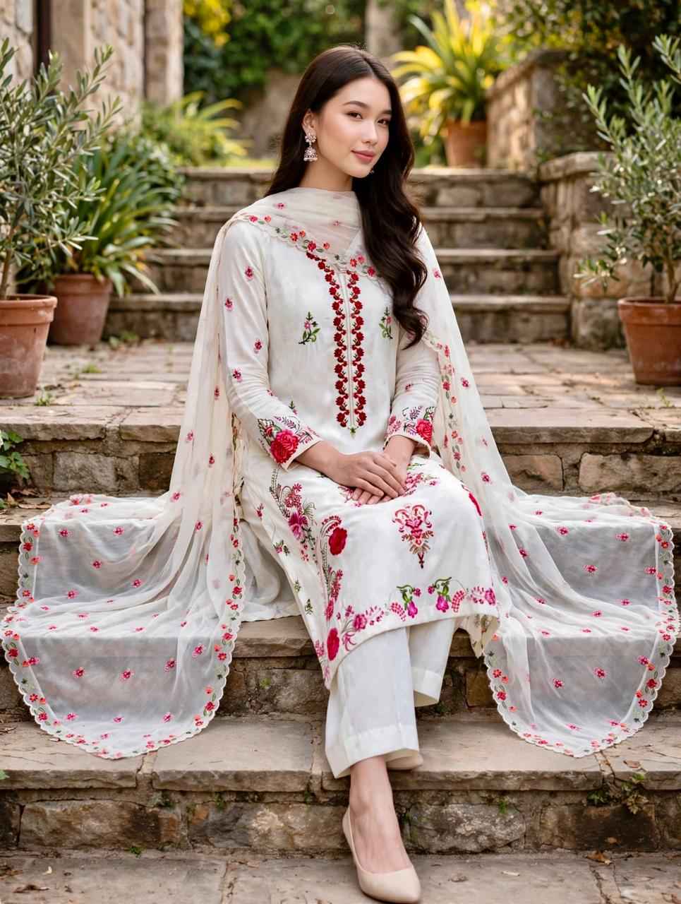 3 Piece White Embroidered  Suit