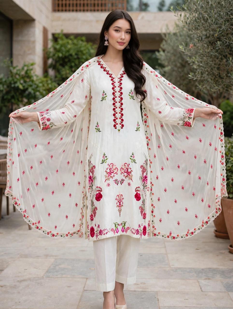 3 Piece White Embroidered  Suit
